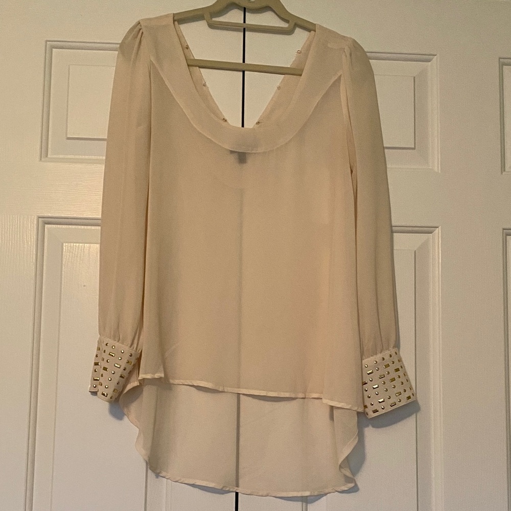 🔥Bundle 10 for $20🔥 XOXO Ivory Sheer High-Low Blouse with Studded Cuffs